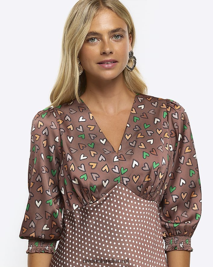 לבוש River Island שמלת מקסי ספוט סאטן חום נשים BDZ4084577