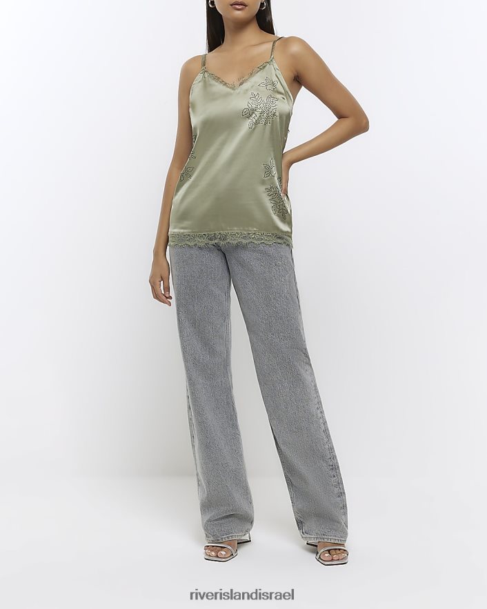 לבוש River Island חלק עליון קאמי סאטן יהלומי ירוק נשים BDZ408457