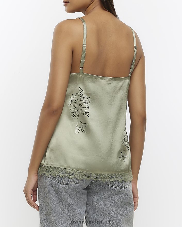 לבוש River Island חלק עליון קאמי סאטן יהלומי ירוק נשים BDZ408457