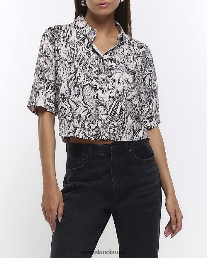 לבוש River Island חולצה קצוצה בהדפס בעלי חיים אפור נשים BDZ4084581
