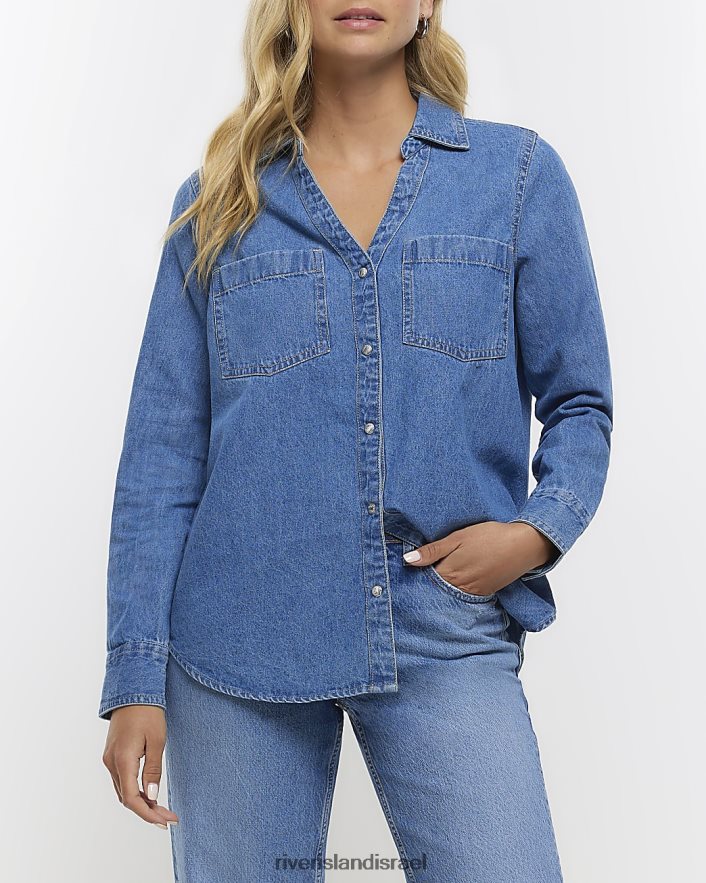לבוש River Island חולצת ג'ינס עם שרוולים ארוכים כְּחוֹל נשים BDZ4084599