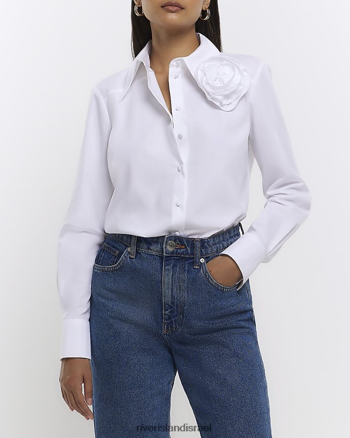 לבוש River Island חולצה עם שרוולים ארוכים של פופלין לבן נשים BDZ4084614