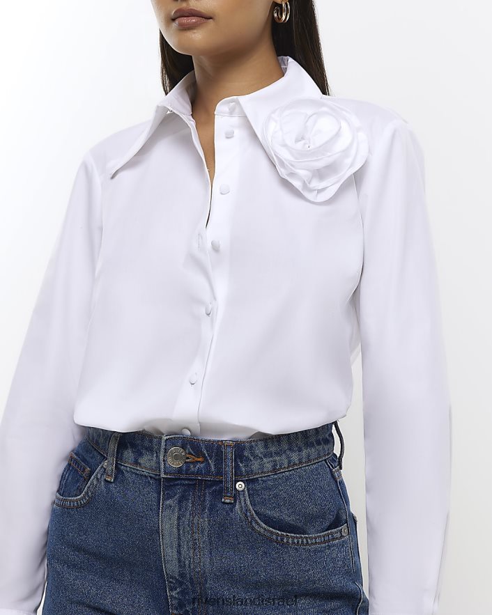 לבוש River Island חולצה עם שרוולים ארוכים של פופלין לבן נשים BDZ4084614