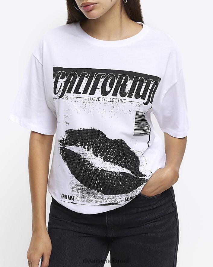 לבוש River Island חולצה בהדפס גרפי לבן נשים BDZ4084615