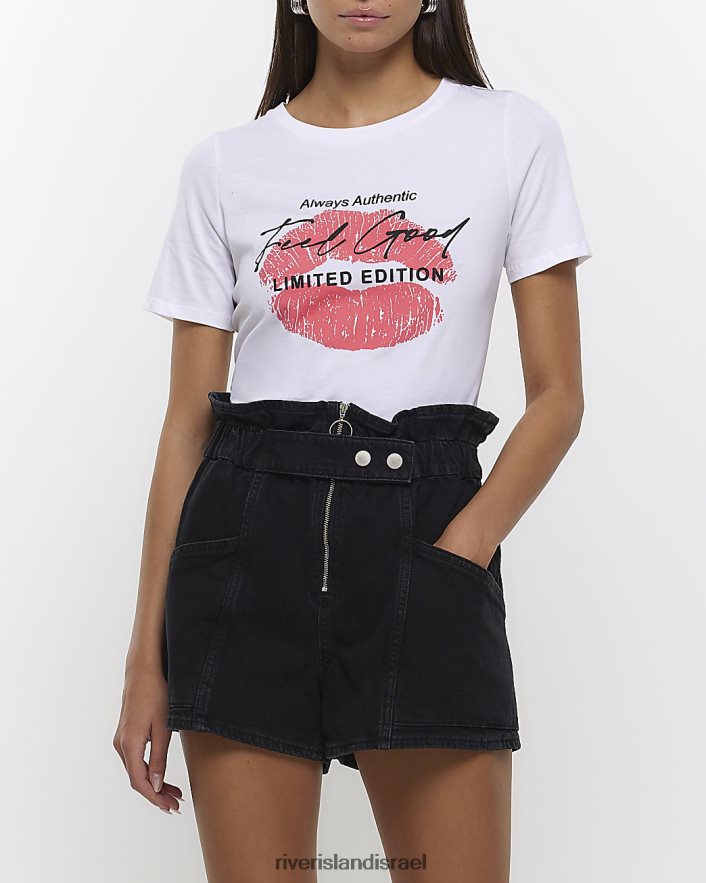 לבוש River Island חולצת טריקו בהדפס גרפי שפתיים לבן נשים BDZ4084623