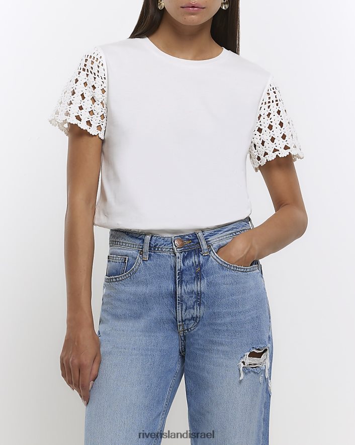 לבוש River Island חולצת טריקו עם שרוולים קרושה לבן נשים BDZ4084640