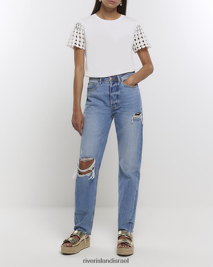 לבוש River Island חולצת טריקו עם שרוולים קרושה לבן נשים BDZ4084640