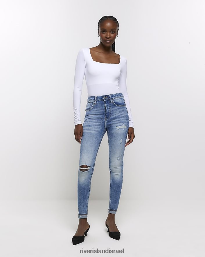 לבוש River Island ג'ינס סקיני קרוע בגזרה גבוהה כְּחוֹל נשים BDZ4084645