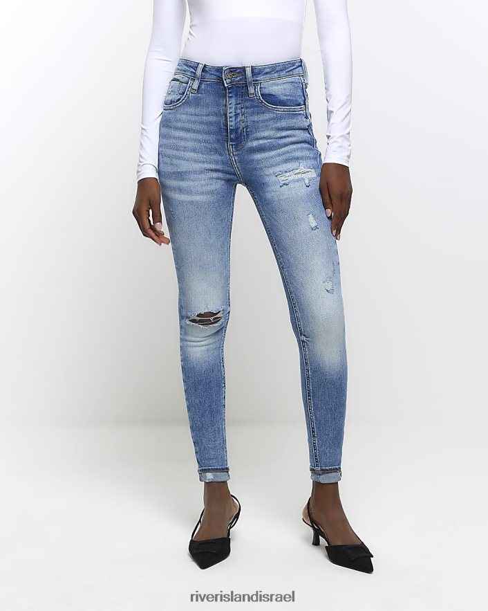 לבוש River Island ג'ינס סקיני קרוע בגזרה גבוהה כְּחוֹל נשים BDZ4084645