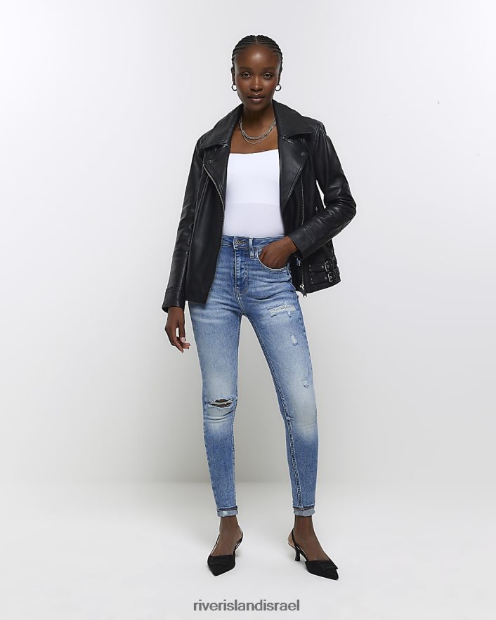 לבוש River Island ג'ינס סקיני קרוע בגזרה גבוהה כְּחוֹל נשים BDZ4084645