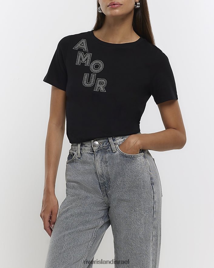 לבוש River Island חולצת טריקו מעוטרת בהדפס גרפי שָׁחוֹר נשים BDZ4084651