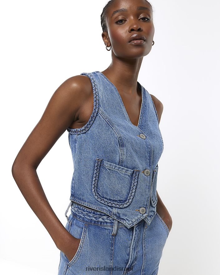 לבוש River Island חזיית ג'ינס עם פרט צמה כְּחוֹל נשים BDZ4084686