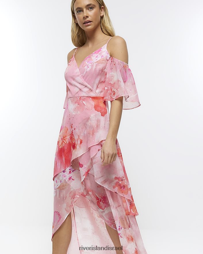 לבוש River Island שמלת מקסי פרחונית שיפון וָרוֹד נשים BDZ4084749