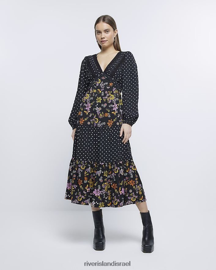 לבוש River Island שמלת מידי פרחונית עם שרוולים ארוכים שָׁחוֹר נשים BDZ4084766