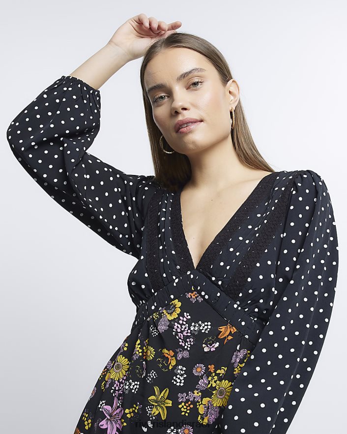 לבוש River Island שמלת מידי פרחונית עם שרוולים ארוכים שָׁחוֹר נשים BDZ4084766