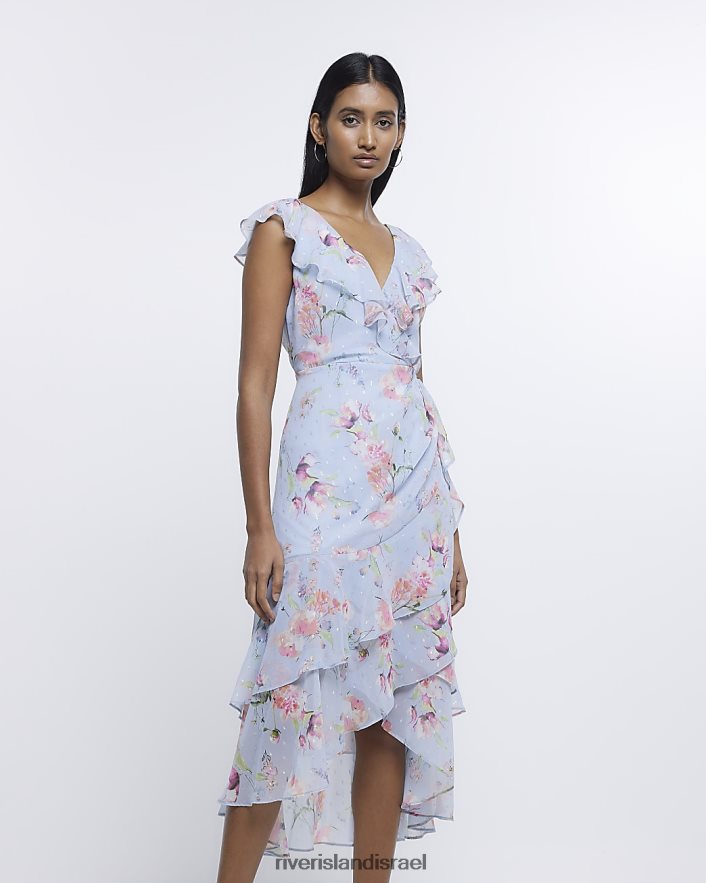 לבוש River Island שמלת מידי לעטוף פרחוני שיפון כְּחוֹל נשים BDZ4084790