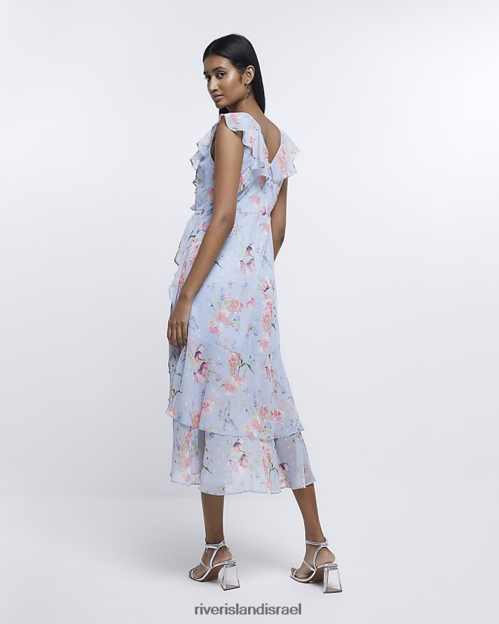 לבוש River Island שמלת מידי לעטוף פרחוני שיפון כְּחוֹל נשים BDZ4084790
