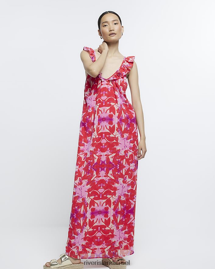 לבוש River Island שמלת מקסי סליפ פרחונית אָדוֹם נשים BDZ4084799