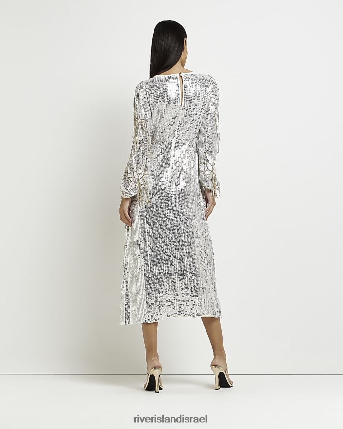 לבוש River Island שמלת מידי פרחונית עם שרוולים ארוכים כסף נשים BDZ4084861