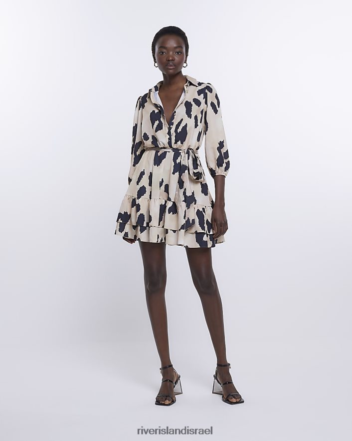 לבוש River Island שמלת מיני חולצת סאטן בהדפס בעלי חיים בז' נשים BDZ4084909