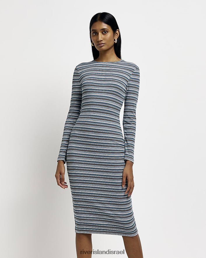 לבוש River Island שמלת מידי של גוף עם פס צלעות כְּחוֹל נשים BDZ4084910