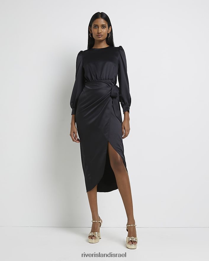 לבוש River Island שמלת מידי מעטפת סאטן שָׁחוֹר נשים BDZ4084924