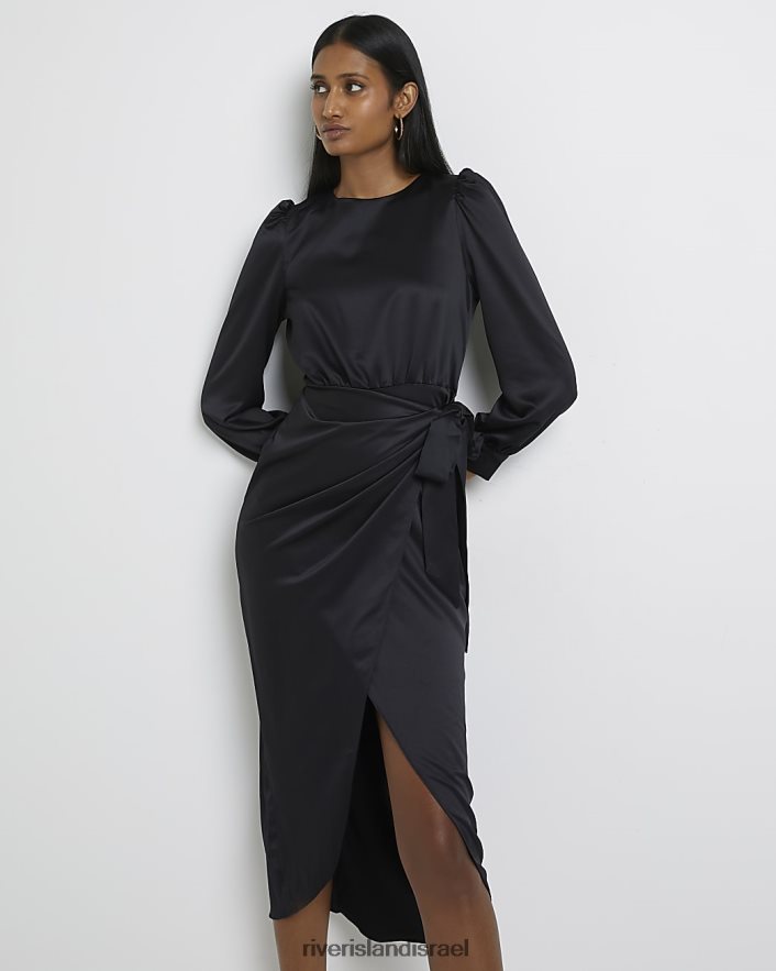 לבוש River Island שמלת מידי מעטפת סאטן שָׁחוֹר נשים BDZ4084924
