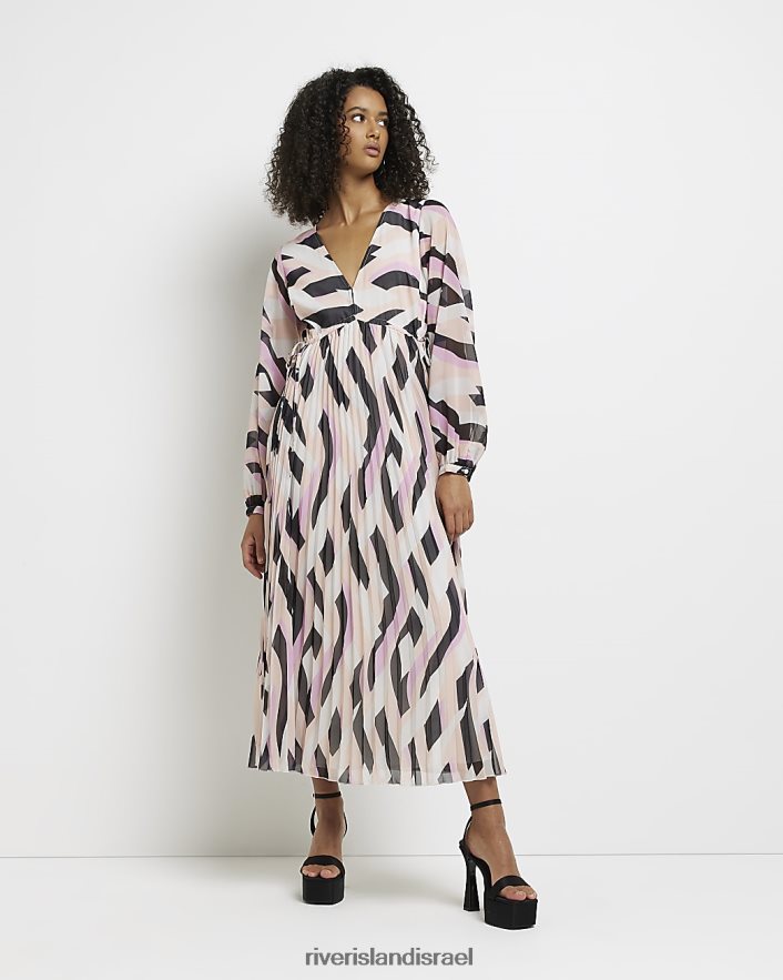 לבוש River Island הדפס שמלת מקסי עם שרוולים ארוכים וָרוֹד נשים BDZ4084944