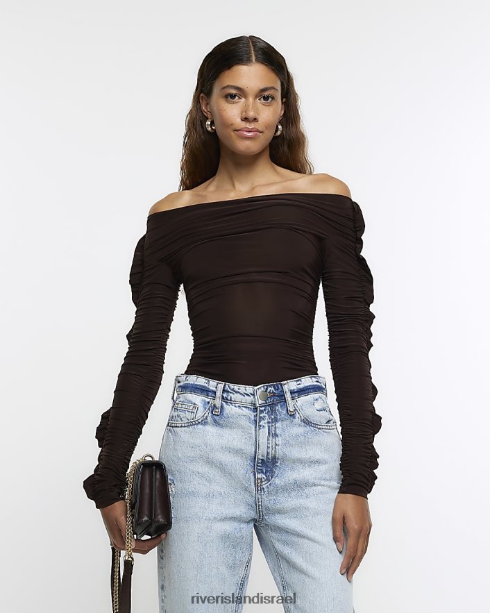 לבוש River Island בגד גוף ברדו רוצץ חום נשים BDZ408498
