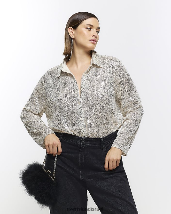 לבוש River Island בתוספת חולצת פאייטים כסף נשים BDZ4085065