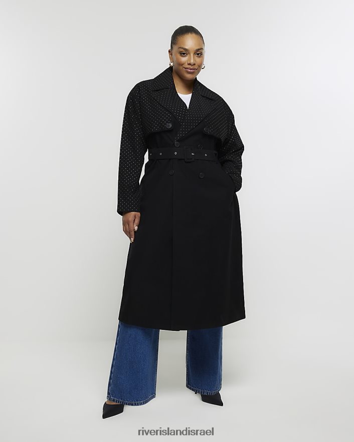 לבוש River Island בתוספת מעיל טרנץ' משובץ קו ארוך שָׁחוֹר נשים BDZ4085070