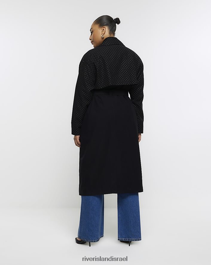 לבוש River Island בתוספת מעיל טרנץ' משובץ קו ארוך שָׁחוֹר נשים BDZ4085070