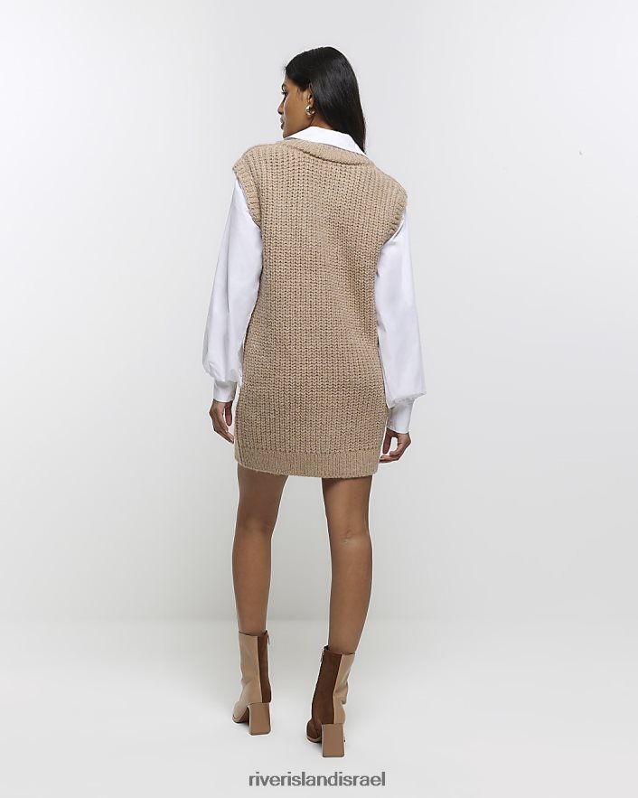 לבוש River Island שמלת מיני מגשר היברידי בסריג כבלים בז' נשים BDZ40850