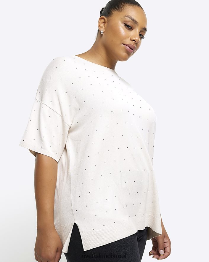 לבוש River Island בתוספת חולצת טי יהלומים קרם נשים BDZ4085104