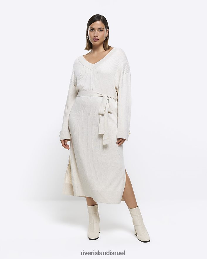 לבוש River Island בתוספת שמלת מידי מגשר סרוגה עם חגורה בז' נשים BDZ4085110