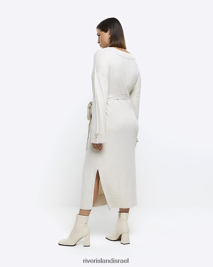 לבוש River Island בתוספת שמלת מידי מגשר סרוגה עם חגורה בז' נשים BDZ4085110