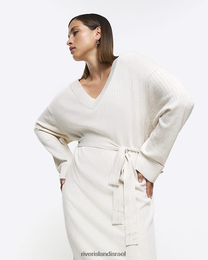 לבוש River Island בתוספת שמלת מידי מגשר סרוגה עם חגורה בז' נשים BDZ4085110