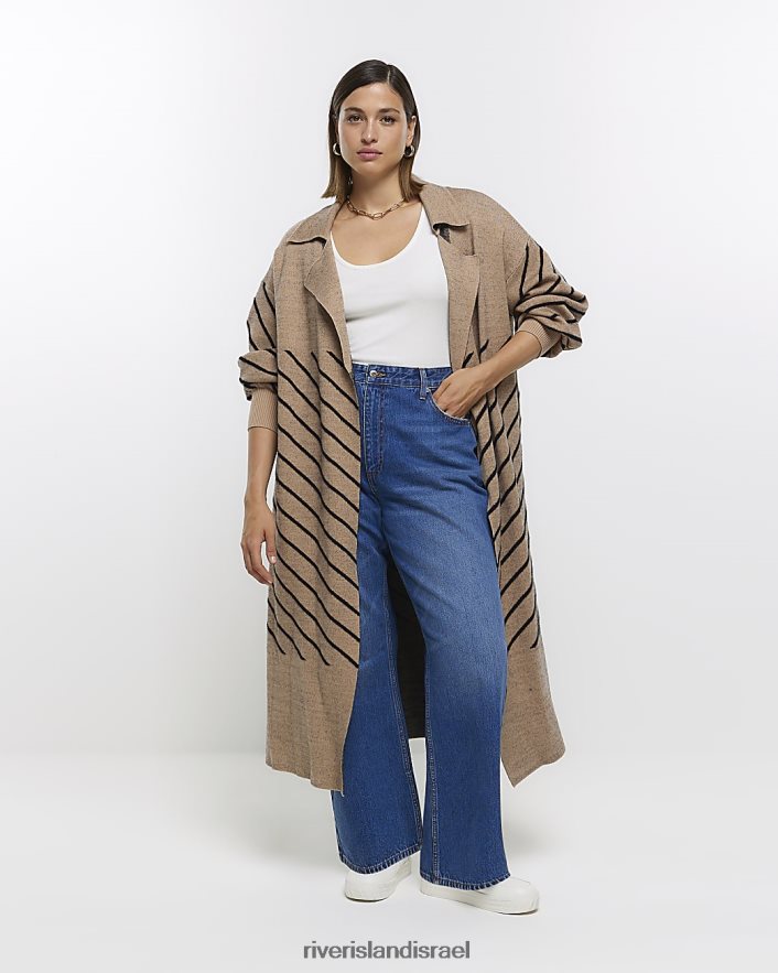 לבוש River Island קרדיגן ארוך קו בתוספת פסים בז' נשים BDZ4085118