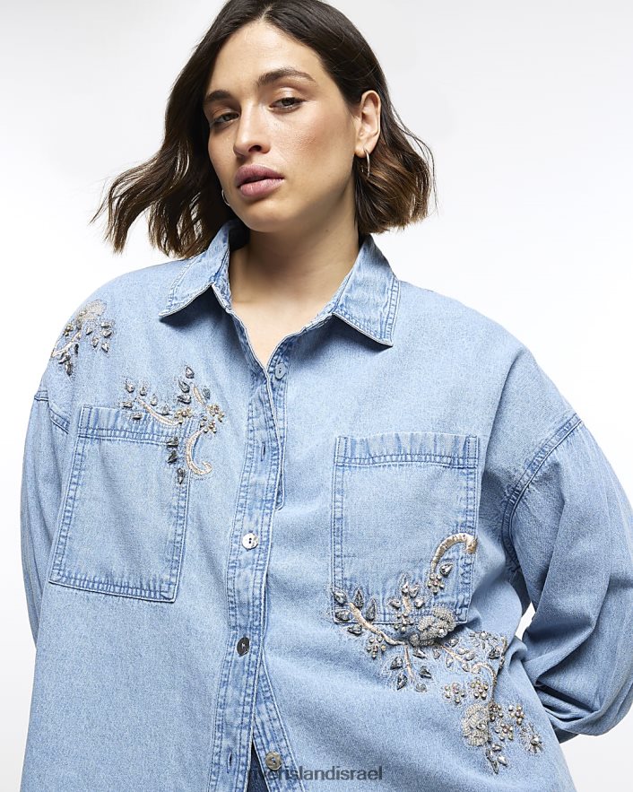 לבוש River Island בתוספת חולצה מעוטרת עם שרוולים ארוכים כְּחוֹל נשים BDZ4085127