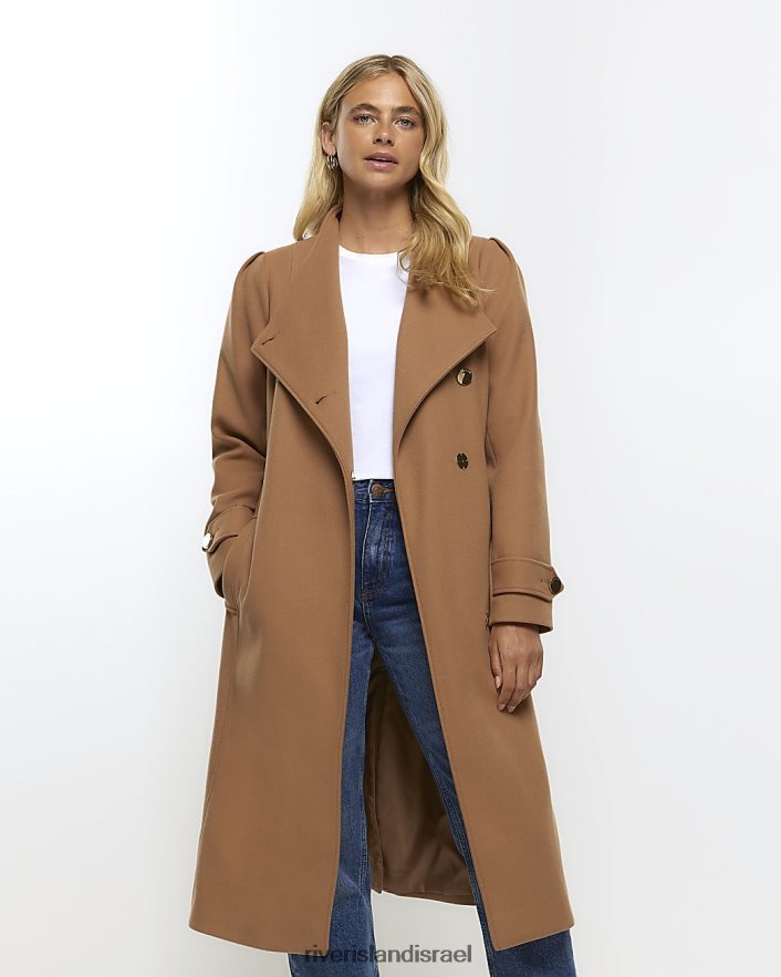 לבוש River Island מעיל מעטפת חגורה חום נשים BDZ40852