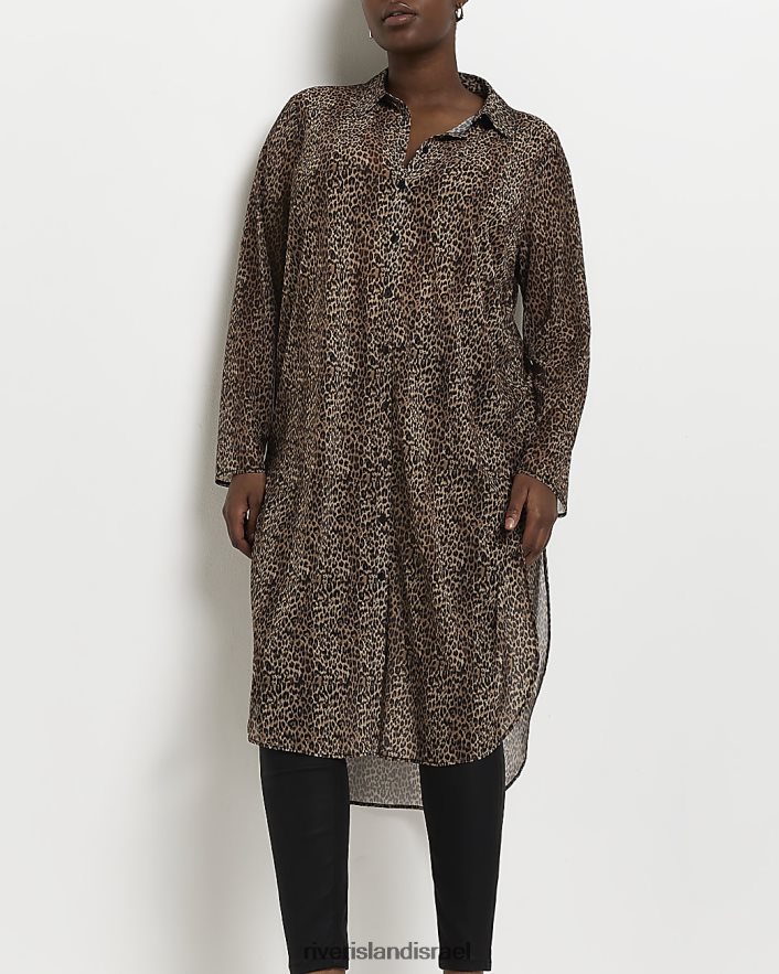 לבוש River Island בתוספת חולצת קו ארוך בהדפס בעלי חיים בז' נשים BDZ4085216