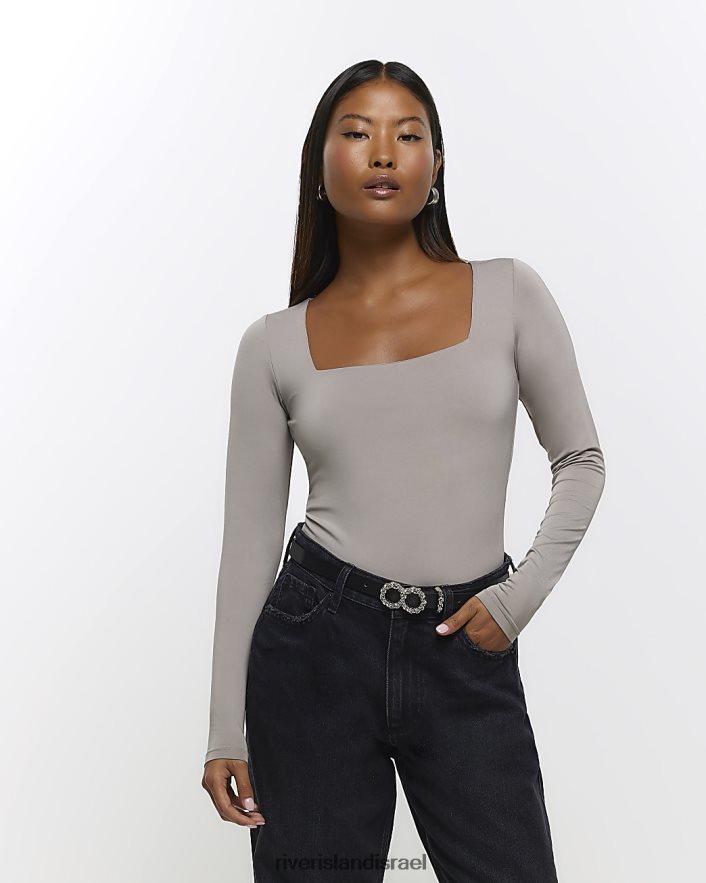 לבוש River Island גוף צוואר מרובע קטן ונקי חום נשים BDZ4085228
