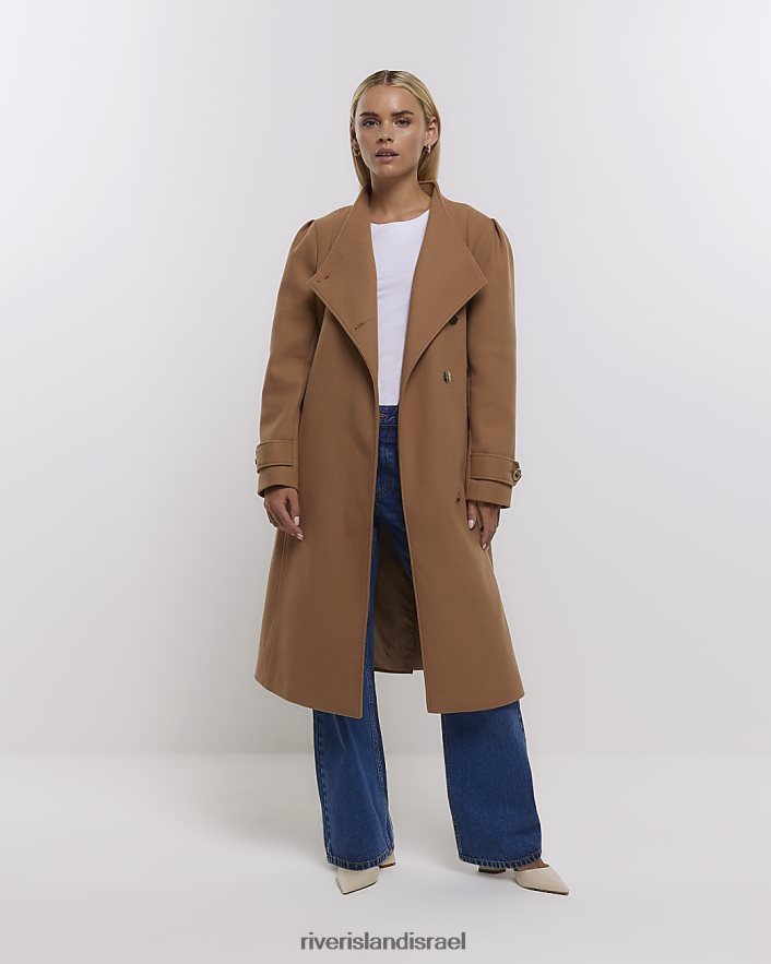 לבוש River Island מעיל מעטפת עם חגורה קטנה חום נשים BDZ4085238