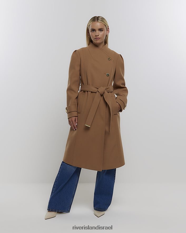לבוש River Island מעיל מעטפת עם חגורה קטנה חום נשים BDZ4085238