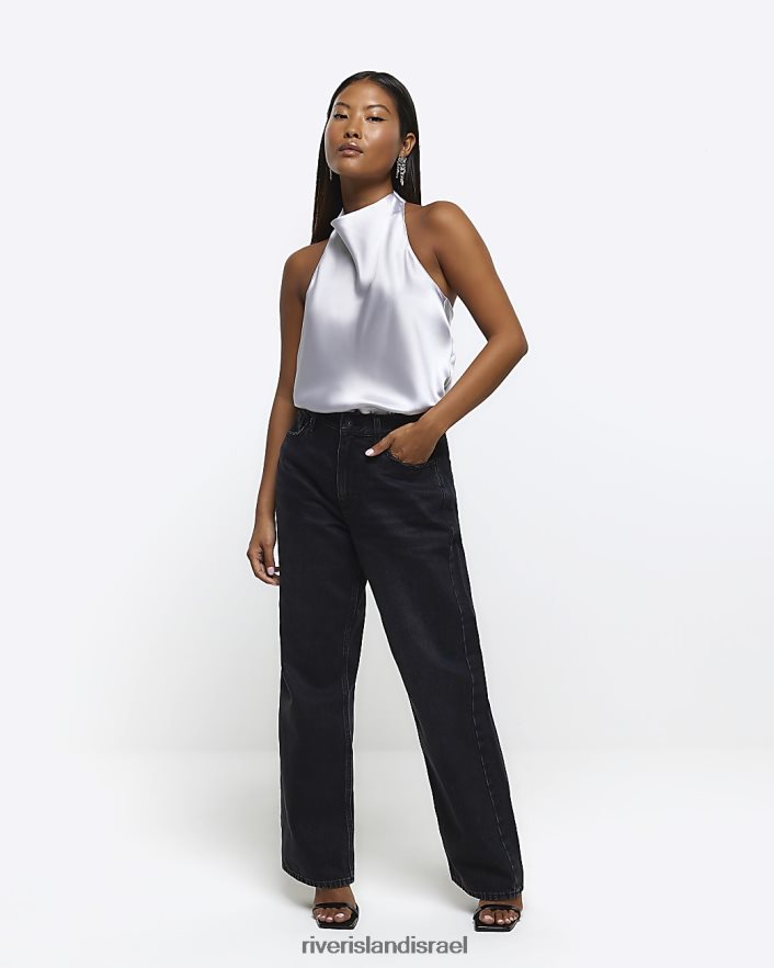 לבוש River Island חולצת צווארון סאטן קטנה כסף נשים BDZ4085239