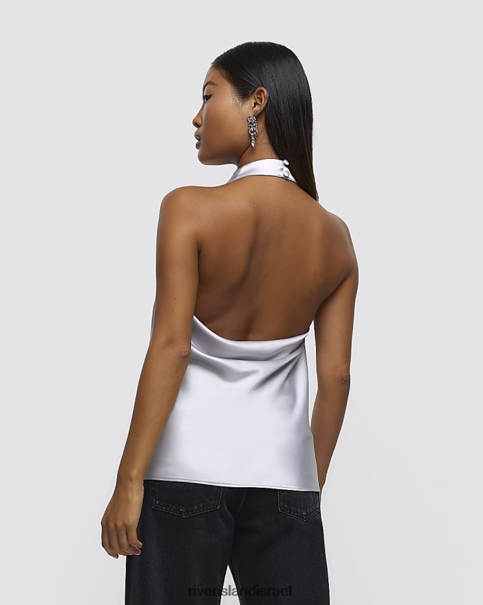 לבוש River Island חולצת צווארון סאטן קטנה כסף נשים BDZ4085239
