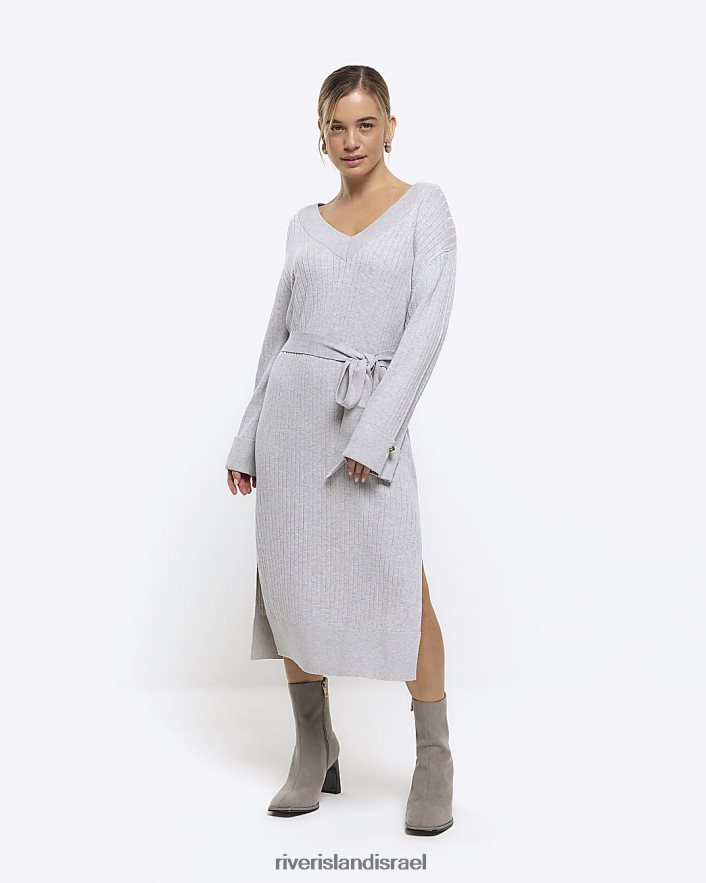 לבוש River Island שמלת מידי סרוגה קטנה עם חגורה אפור נשים BDZ4085243