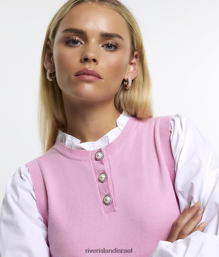 לבוש River Island חלק עליון היברידי עם שרוול נפוח קטן וָרוֹד נשים BDZ4085259