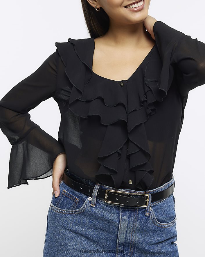 לבוש River Island חולצת סלסול שיפון שָׁחוֹר נשים BDZ4085261