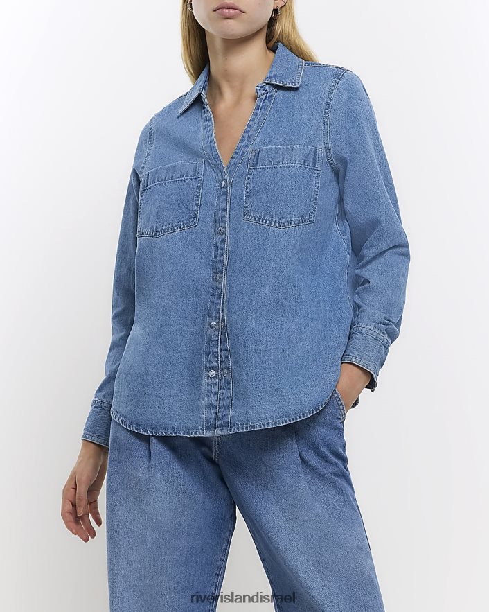 לבוש River Island חולצת ג'ינס קטנה עם שרוולים ארוכים כְּחוֹל נשים BDZ4085278